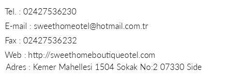 Sweet Home Hotel telefon numaralar, faks, e-mail, posta adresi ve iletiim bilgileri